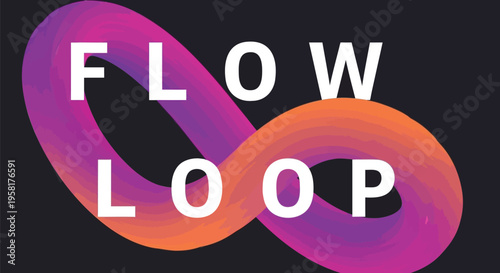 Abstract infinity loop vector with flow loop text, vibrant purple and orange gradient ribbon, modern geometric symbol for branding and technology