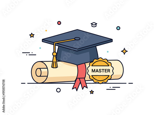 Master degree achievement symbolized by a graduation cap resting on a diploma scroll while a small badge labeled ?Master? highlights advanced academic success.