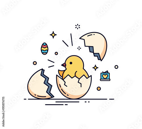 Egg cracking open with a fluffy chick slowly emerging while tiny sparkle icons highlight the exciting moment of birth. The lighthearted scene celebrates