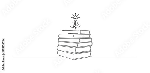 Books as Learning. Minimalistic one-line drawing stack of books with small light or growth symbol above representing knowledge and personal development,