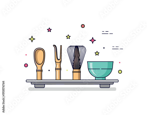 Tea ceremony tools arrangement bamboo scoop, whisk and small bowl aligned carefully on a simple tray, conveying order and respect for process. A minimal