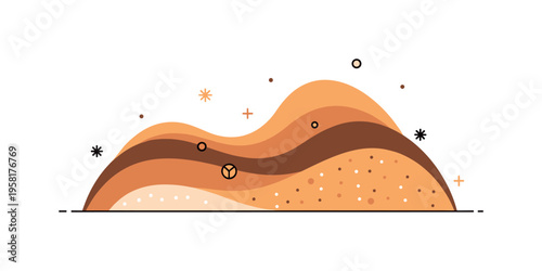 Organic terrain abstraction with soft layered shapes resembling hills of clay and sand combined with small decorative speckles. Warm nature inspired visual