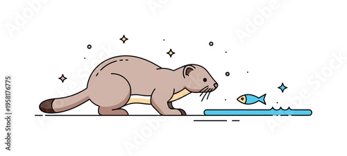 Mink predator instinct focused animal crouching low while watching a tiny fish icon in shallow water nearby. The scene communicates alertness, patience, and