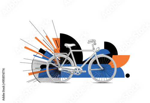 bicycle wheels spinning along coastal pathway abstract semicircles lines and geometric blocks symbolizing motion and coastal exploration black and white retro