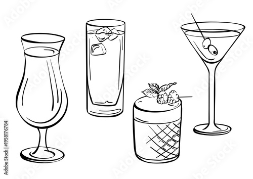 Hand-drawn vector set of classic cocktail glasses, black and white line art illustration of hurricane, highball, martini and rocks glass.