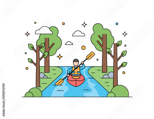 Kayaking through forest river kayaker moving along a narrow water path framed by simple trees and leafy branches. The peaceful composition reflects quiet