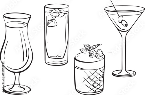 Hand-drawn vector set of classic cocktail glasses, black and white line art illustration of hurricane, highball, martini and rocks glass.