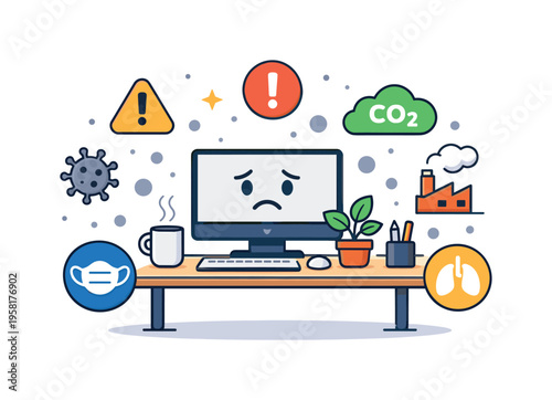 Office air quality fear shaping everyday work anxiety as a desk setup sits beneath invisible particles and alert icons, conveying concern about breathing