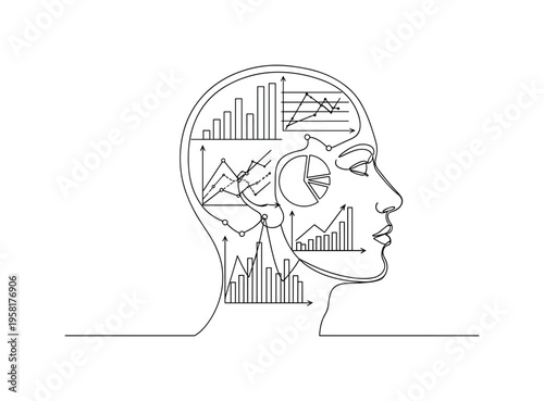 Analytics Brain Concept. Minimalistic one-line drawing human head with graphs and chart lines inside representing analytical thinking, continuous single black