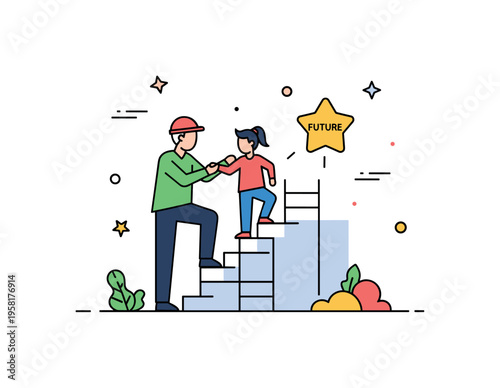Community mentorship moment showing an experienced guide helping a young person climb a small step ladder toward a star labeled ?Future?. Friendly visual