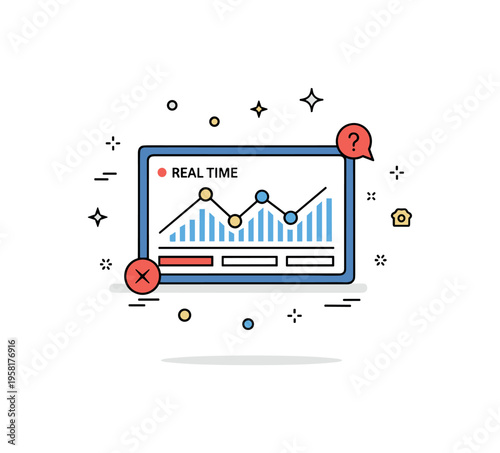 Real time data monitoring concept centered on a small dashboard screen with tiny notification dots and dynamic chart movement lines. The composition highlights