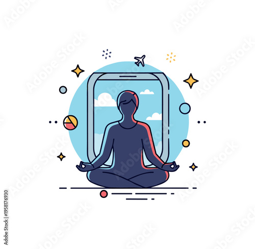 Quiet flight reflection concept featuring a silhouette seated calmly with hands resting on lap, framed by a soft circular window view, expressing mindfulness