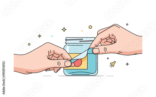 Close-up of peeling a sticker from a glass jar with fingers curling the edge, emphasizing careful movement and everyday household interaction. Minimalist flat