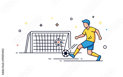 Soccer shooting practice with a player striking the ball toward a simple goal while a small target marker appears in the corner of the net. The composition