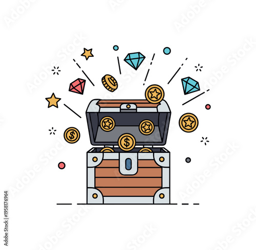 Surprise reward mechanic a stylized game chest opening with a burst of coins stars and gem icons representing randomized prizes and collectible gaming rewards.