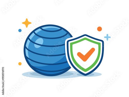 Home workout equipment visualized by a stability ball next to a simple shield icon, suggesting core training, balance, and injury prevention in a home fitness