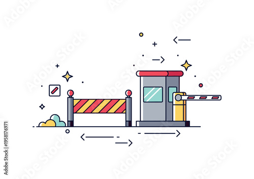 Modern garrison checkpoint showing a security barrier and a small guard booth. Minimal directional arrows and subtle star elements express control, monitoring
