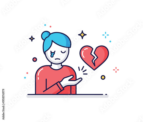 Emotional vulnerability simple figure with a cracked heart icon gently glowing beside them suggesting fragile feelings and openness. Scene expressing the