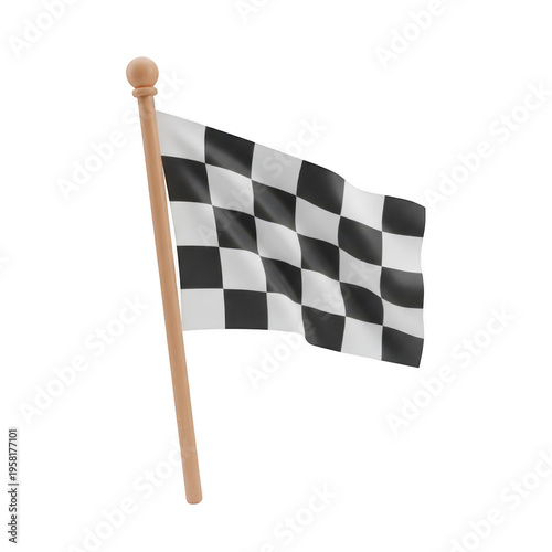 3D rendered checkered racing flag waving in wind isolated on transparent background