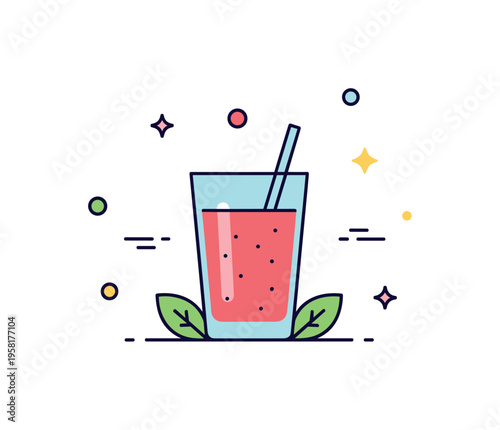 Healthy breakfast smoothie concept centered on a glass filled with blended drink and a small straw, accompanied by subtle leaf accents to emphasize wellness.