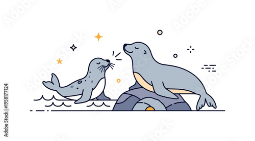 Coastal wildlife interaction illustrated by a seal popping up beside a sea lion resting partially on a rock, with subtle wave lines suggesting gentle sea