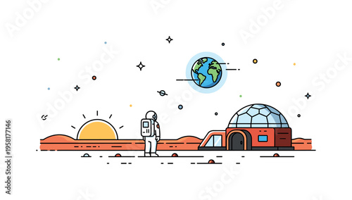 Mars sunset outside a tiny habitat dome where an astronaut quietly watches the horizon with the planet Earth glowing faintly in the sky. The peaceful moment