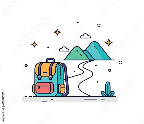 Beginning of a journey represented by a small backpack resting beside a winding path leading toward distant hills. The hopeful scene suggests adventure,