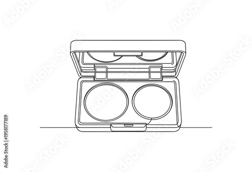 Compact Powder Duo. Minimalistic one-line drawing small open compact showing highlight and contour powders side by side, continuous single black line on white