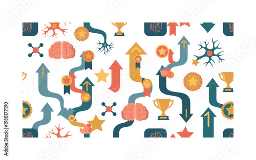 dopamine and behavior seamless pattern, neurons, brain icons, dopamine molecules, motivational arrows and reward symbols arranged in a repeating pattern, white