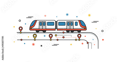 City subway network a compact underground train moving along a curved rail line with station markers and small route dots forming a clear visual metaphor of