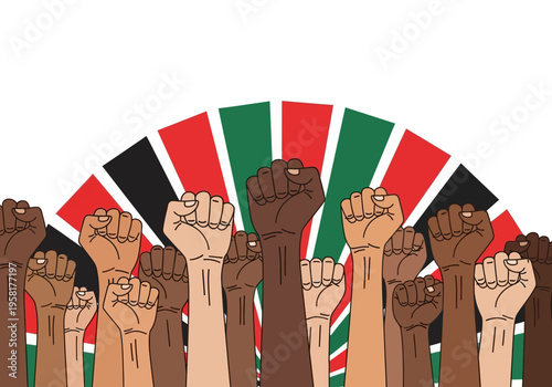 Diverse group of people raising fists in unity and solidarity.