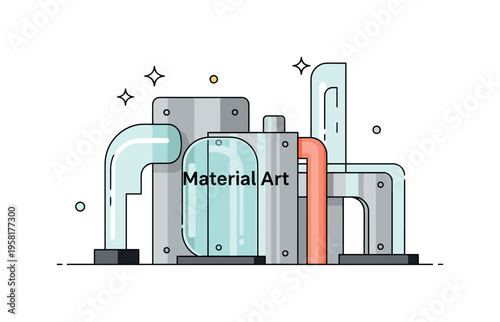 Industrial material art sculpture combining polished metal plates with translucent glass forms creating a modern gallery style artwork. The composition