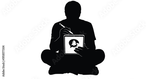 Black silhouette of a person drawing on a tablet, digital art, graphic design, illustration