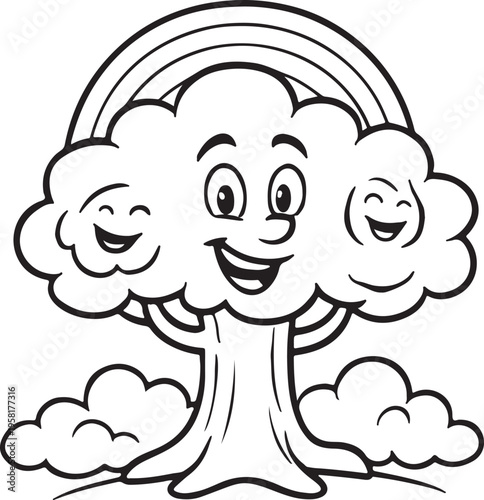 A cute cartoon baby lamb and a happy ram stand in a grassy farm nature scene with a green tree, featuring a funny white wool mammal character in a vector illustration drawing