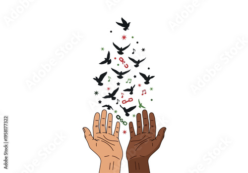 Two hands releasing birds and musical notes into the sky.