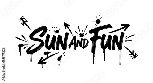 Sun And Fun. lettering and all elements in black. Vector style. AWhite background. Pure white background. Perfect isolation and visual consistency. Dynamic