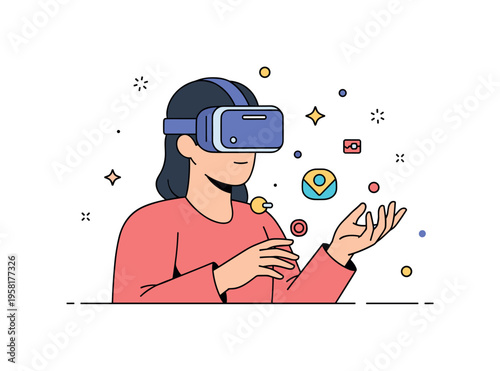 Virtual reality experience with a person wearing a VR headset while small digital objects float around their hands. The scene captures immersion, exploration