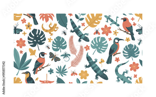 island endemic wildlife seamless pattern, rare birds lizards insects and tropical plants that exist only on islands arranged in a repeating pattern, white