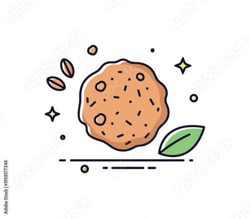 Healthy oatmeal cookies simple round cookie with small oat texture marks and a leaf accent nearby. A clean editorial illustration about mindful treats and