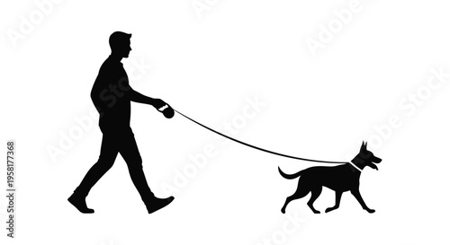 Minimalist silhouette of man walking dog on leash, black profile of male pet owner with canine companion, isolated vector of person exercising with dog