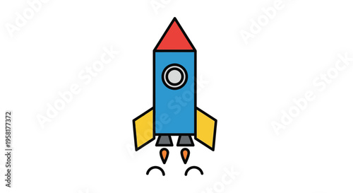 Colorful Cartoon Rocket Ship Blasting Off.