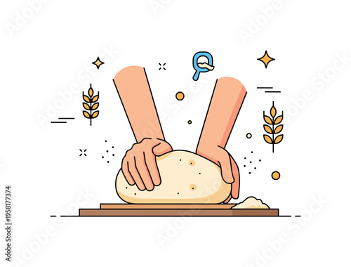Kneading dough baking process pair of hands gently pressing a round piece of dough on a small kitchen surface while flour particles and wheat icons float