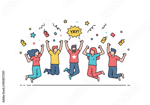 Celebration energy featuring a group of friends jumping with excitement while confetti and star shapes scatter around them. A playful ?Yay? accent reinforces