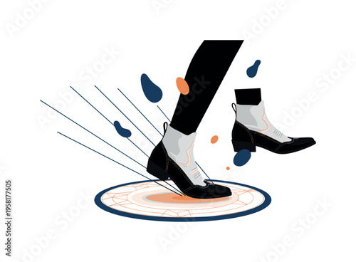 black-and-white elf boots stepping onto a geometric circle platform, diagonal lines and floating shapes suggesting quiet forest movement, orange and dark blue