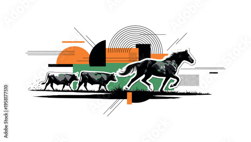 horse galloping across prairie with cattle behind abstract semicircles lines and geometric blocks symbolizing ranch mobility black and white retro horse and