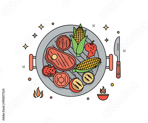 BBQ grilled plate a serving dish filled with grilled meat, corn and roasted vegetables while tiny sparkle icons emphasize delicious hot barbecue