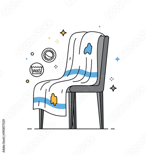 Faded towel fabric towel draped casually over a chair while small wash icons nearby hint at many laundry cycles. The scene conveys the everyday durability of