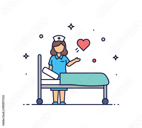 Hospital care and recovery bedside support moment with a nurse standing beside a patient bed while a small heart icon floats nearby. The gentle scene expresses