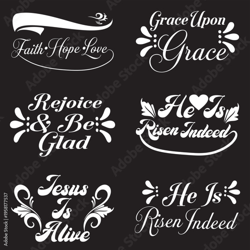 Easter Christian  Quotes  Color dark black and white set. Minimal black  white dark color Easter Christian  quote set featuring resurrection messages for clean, elegant religious designs and printing.