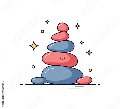 Creative stone stacking several rounded rocks forming a minimalist natural sculpture while small decorative sparkles highlight artistic expression. Friendly